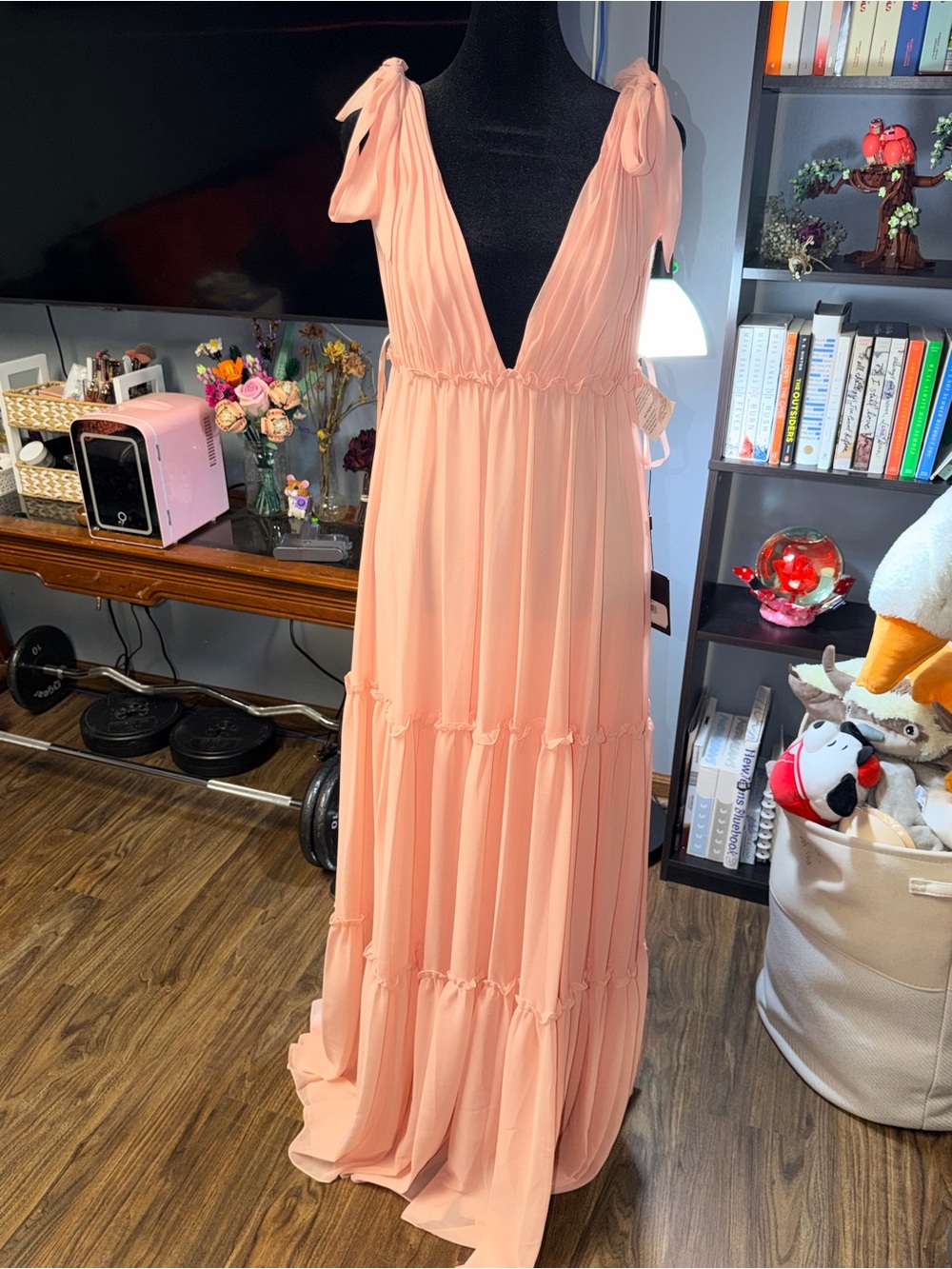 Mac Duggal Soft Pink V-Neck Tiered Maxi Dress - Picture 3 of 6